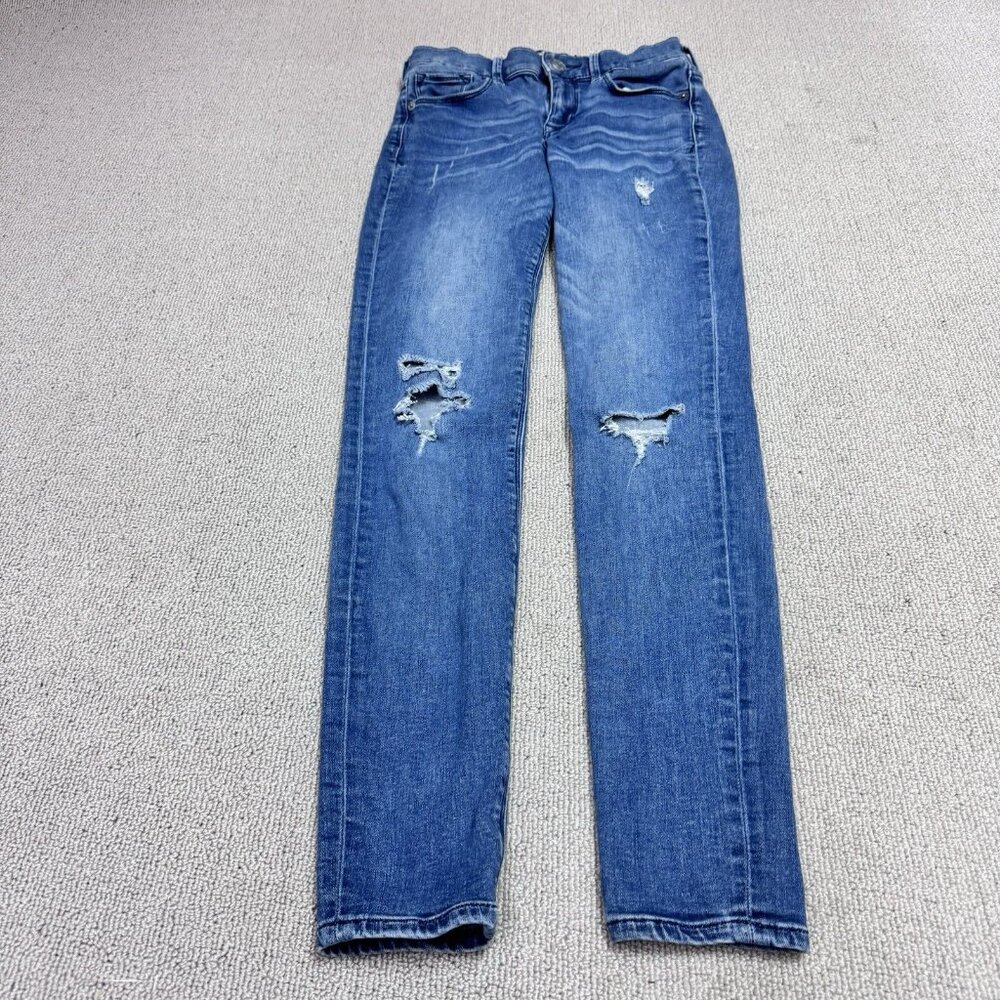 Express Jeans Legging Mid Rise Blue Distressed Pockets Women’s Size 2